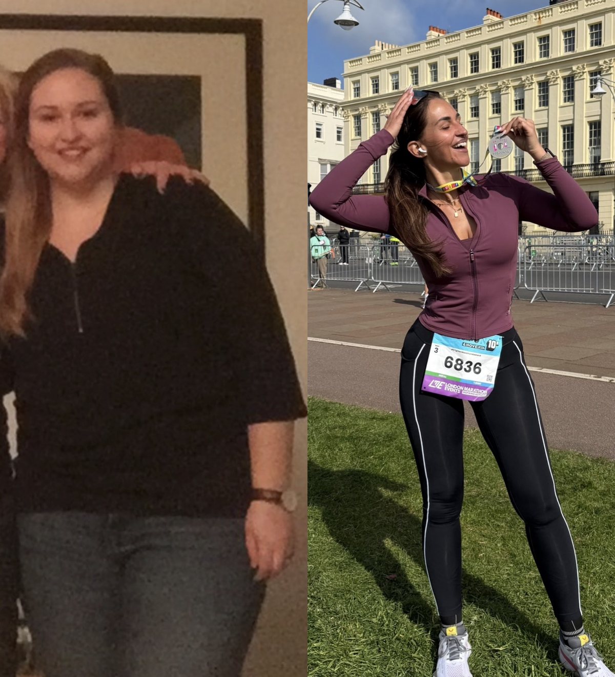Johanna früher mit 122 Kilo und heute nach einem Lauf mit Medaille